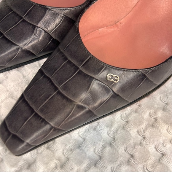 Escada Gray Croc Embossed Leather Pumps | Square Toe Italian Heels | Size 40 - Picture 6 of 11